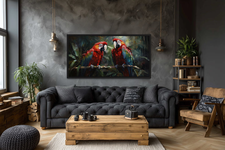 Two Red Macaw Parrots In Tropical Rainforest Framed Canvas Wall Art