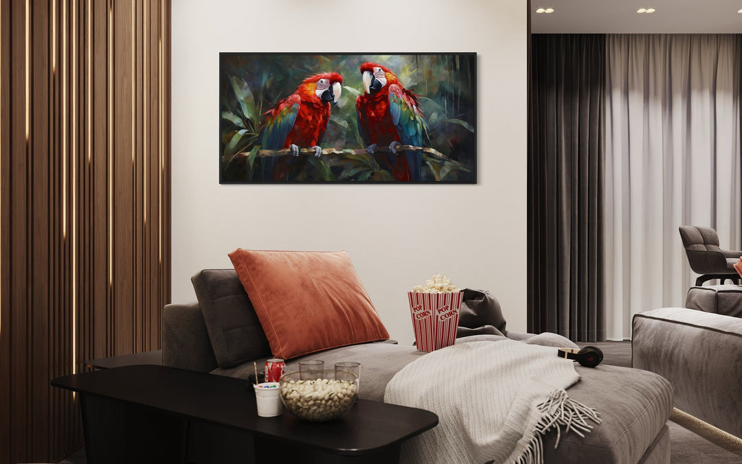 Two Red Macaw Parrots In Tropical Rainforest Framed Canvas Wall Art