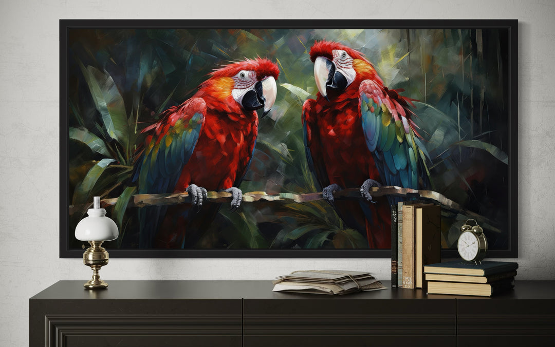Two Red Macaw Parrots In Tropical Rainforest Framed Canvas Wall Art