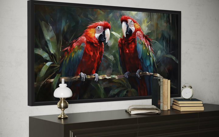 Two Red Macaw Parrots In Tropical Rainforest Framed Canvas Wall Art