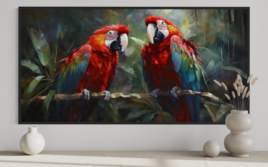 Two Red Macaw Parrots In Tropical Rainforest Framed Canvas Wall Art