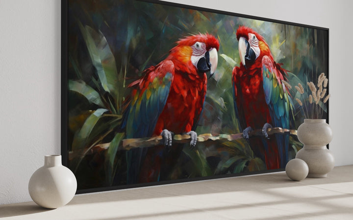 Two Red Macaw Parrots In Tropical Rainforest Framed Canvas Wall Art