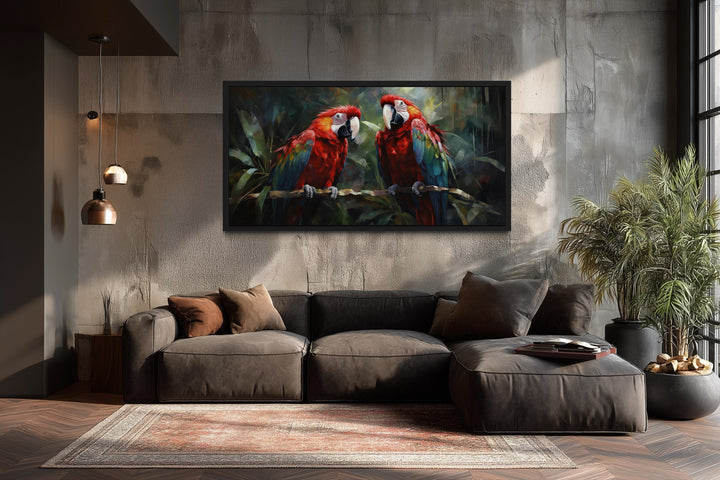 Two Red Macaw Parrots In Tropical Rainforest Framed Canvas Wall Art