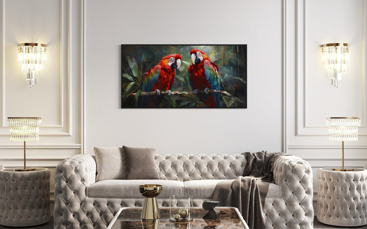 Two Red Macaw Parrots In Tropical Rainforest Framed Canvas Wall Art