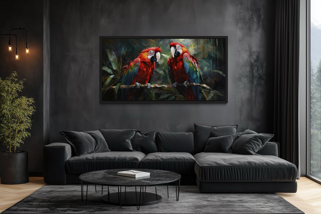 Two Red Macaw Parrots In Tropical Rainforest Framed Canvas Wall Art