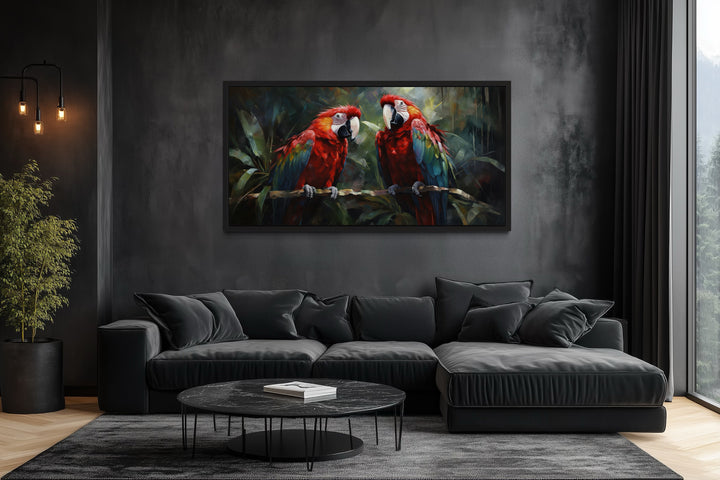 Two Red Macaw Parrots In Tropical Rainforest Framed Canvas Wall Art