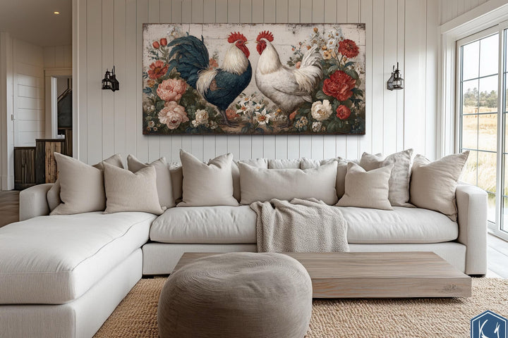 Two Roosters Rustic Farmhouse Wall Art