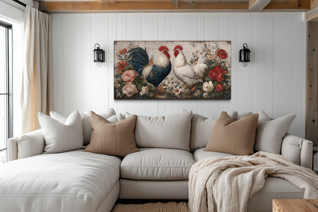 Two Roosters Rustic Farmhouse Wall Art