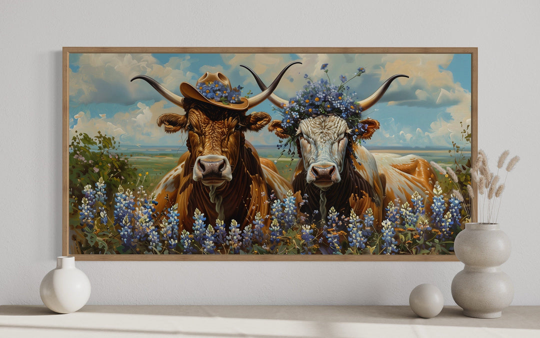 Two Texas Longhorns Cow And Bull In Cowboy Hat And Bluebonnets Wall Art