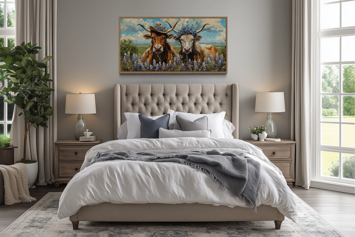 Two Texas Longhorns Cow And Bull In Cowboy Hat And Bluebonnets Wall Art