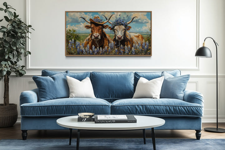 Two Texas Longhorns Cow And Bull In Cowboy Hat And Bluebonnets Wall Art