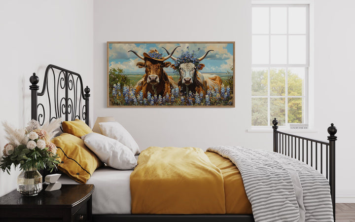 Two Texas Longhorns Cow And Bull In Cowboy Hat And Bluebonnets Wall Art