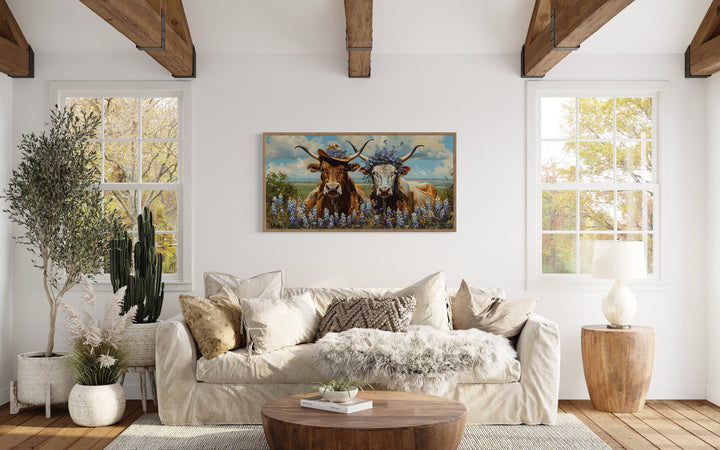 Two Texas Longhorns Cow And Bull In Cowboy Hat And Bluebonnets Wall Art