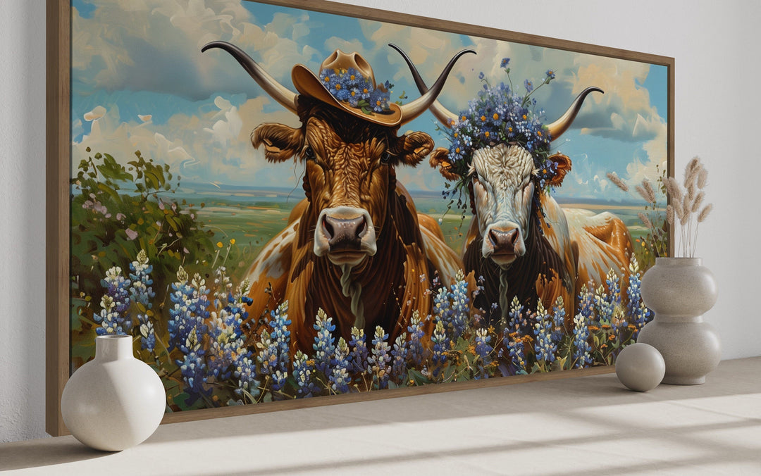 Two Texas Longhorns Cow And Bull In Cowboy Hat And Bluebonnets Wall Art