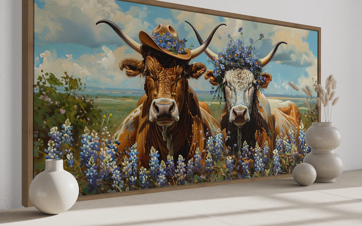 Two Texas Longhorns Cow And Bull In Cowboy Hat And Bluebonnets Wall Art