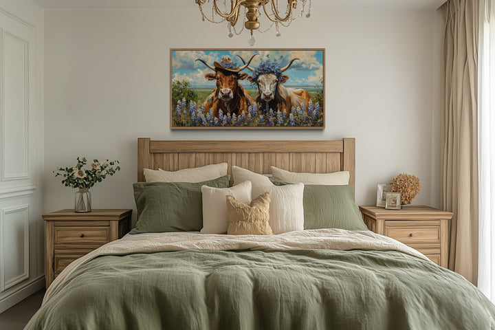 Two Texas Longhorns Cow And Bull In Cowboy Hat And Bluebonnets Wall Art