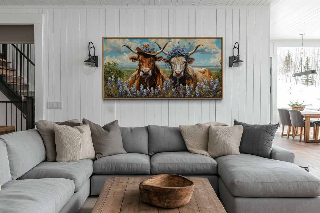 Two Texas Longhorns Cow And Bull In Cowboy Hat And Bluebonnets Wall Art