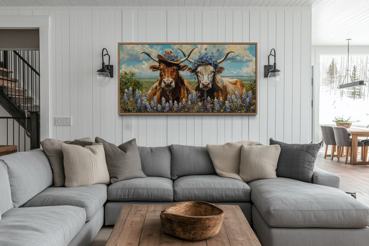 Two Texas Longhorns Cow And Bull In Cowboy Hat And Bluebonnets Wall Art