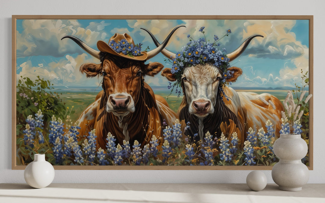 Two Texas Longhorns Cow And Bull In Cowboy Hat And Bluebonnets Wall Art