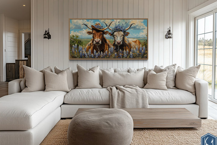 Two Texas Longhorns Cow And Bull In Cowboy Hat And Bluebonnets Wall Art