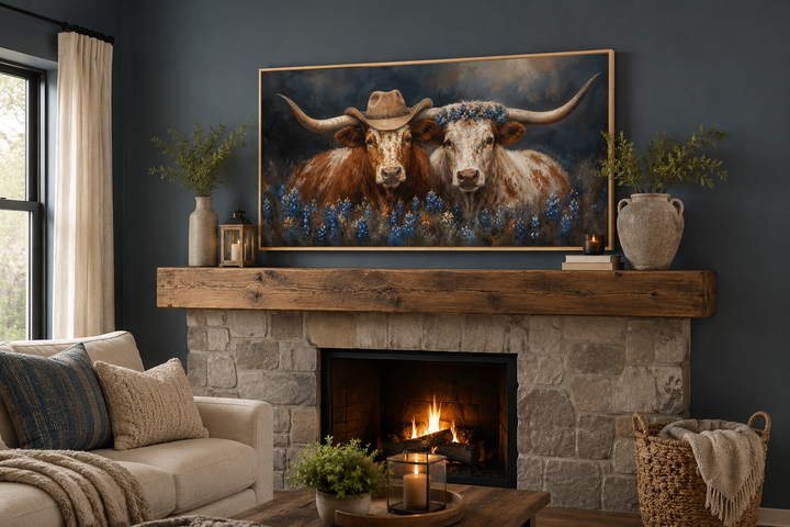 Rustic framed canvas art of two Texas longhorns with cowboy hats and bluebonnets over a fireplace.