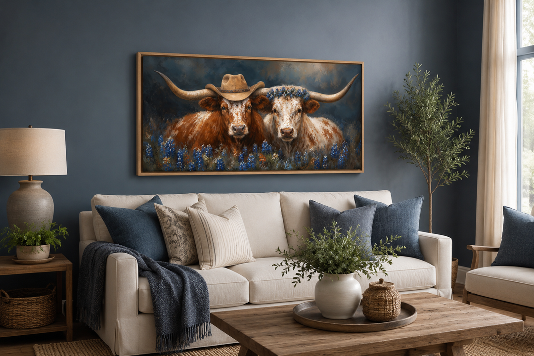 Framed canvas art of two Texas longhorns with cowboy hats and bluebonnets in a rustic living room.