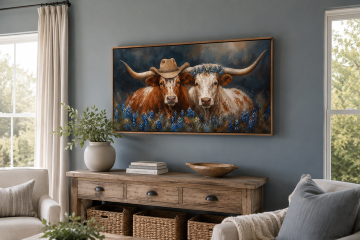 Framed canvas art of two Texas longhorns with cowboy hats and bluebonnets above a wooden sideboard.