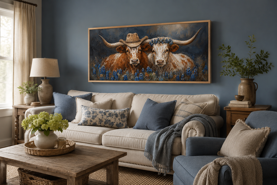 Two Texas longhorns wall art in a rustic living room with bluebonnets and cowboy hats.