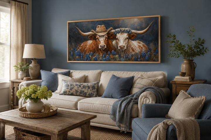 Two Texas longhorns wall art in a rustic living room with bluebonnets and cowboy hats.