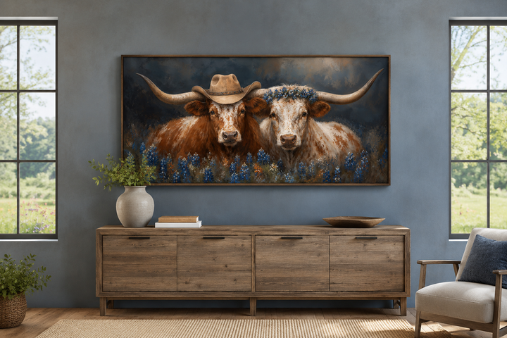 Framed canvas art of two Texas longhorns with cowboy hats and bluebonnets over a wooden sideboard.