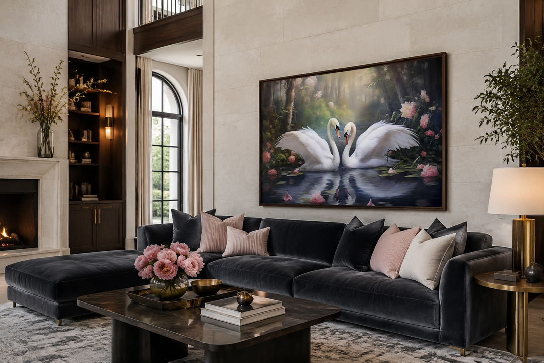 Framed canvas wall art of two white swans on a lake with pink flowers in a modern living room.
