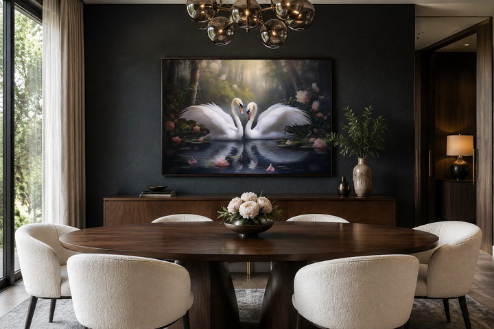 Two white swans in a lake romantic framed canvas wall art hanging above a dining room sideboard.