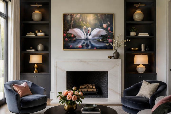 Framed canvas wall art of two white swans on a lake, hung above a marble fireplace in a living room.