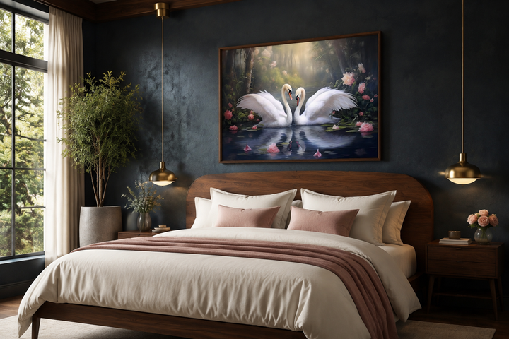 Framed canvas wall art of two white swans on a lake, hanging above a bed in a dark-walled bedroom.