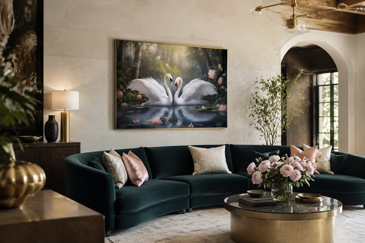 Two white swans in a lake romantic framed canvas wall art hanging above a dark green velvet sofa.