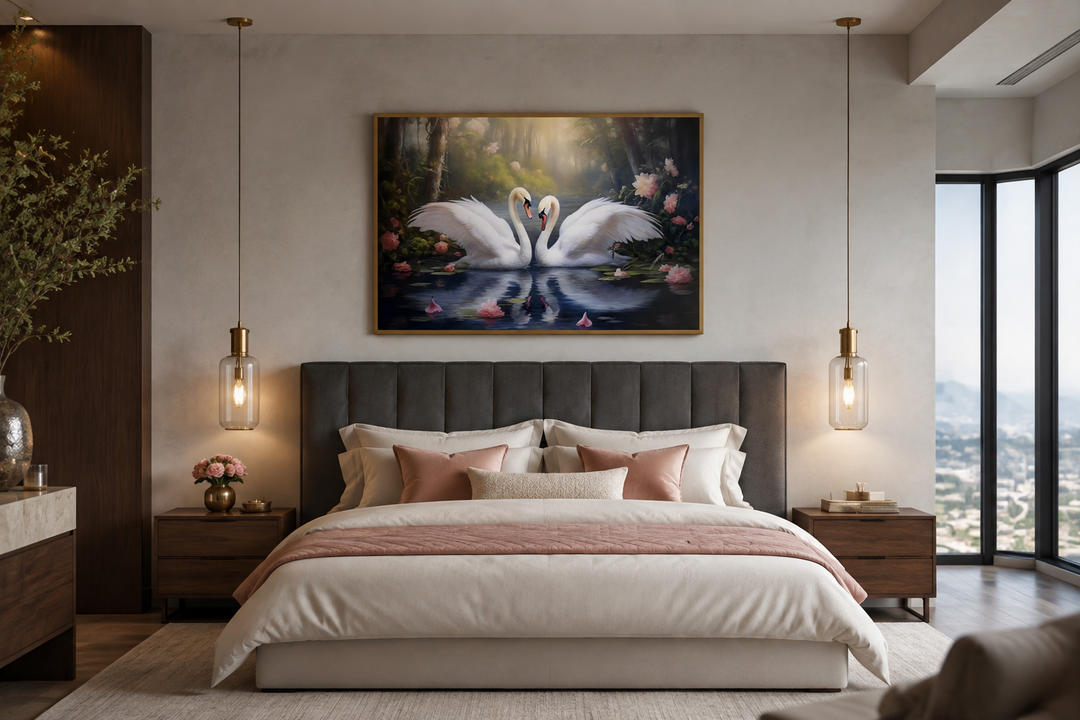 Framed canvas wall art of two white swans on a lake, hanging above a bed in a modern bedroom.