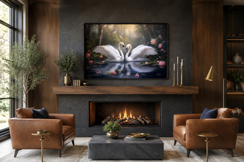Two white swans in a lake romantic framed canvas wall art hanging above a modern fireplace.