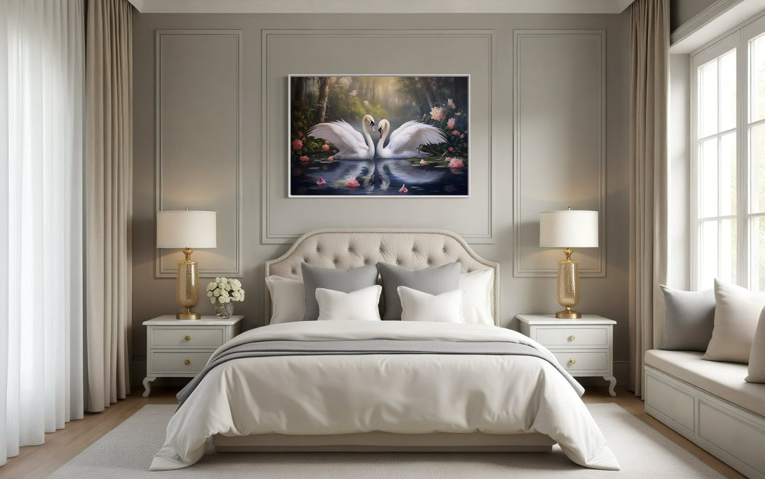 Two White Swans In The Lake Romantic Framed Canvas Wall Art