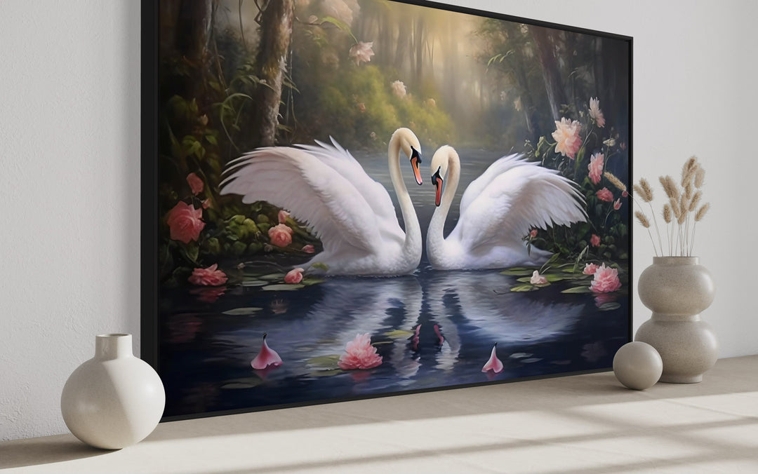 Two White Swans In The Lake Romantic Framed Canvas Wall Art