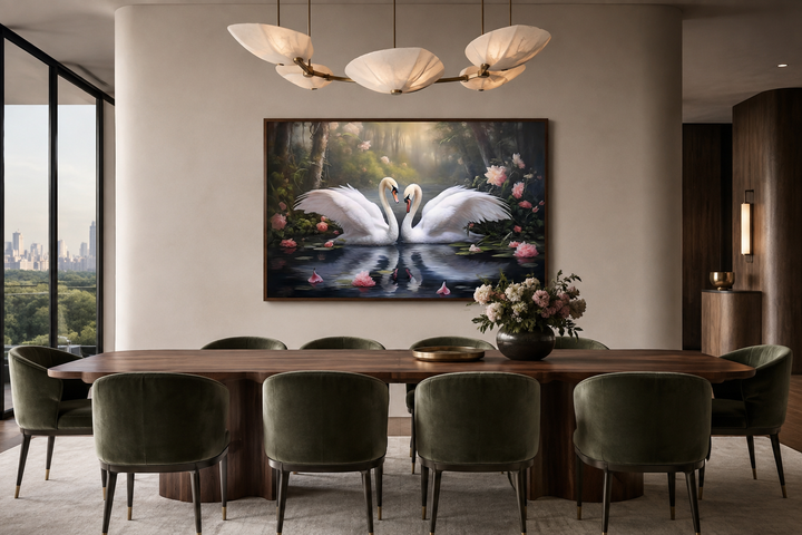 Framed canvas wall art of two white swans on a lake, hung above a modern wooden dining table.