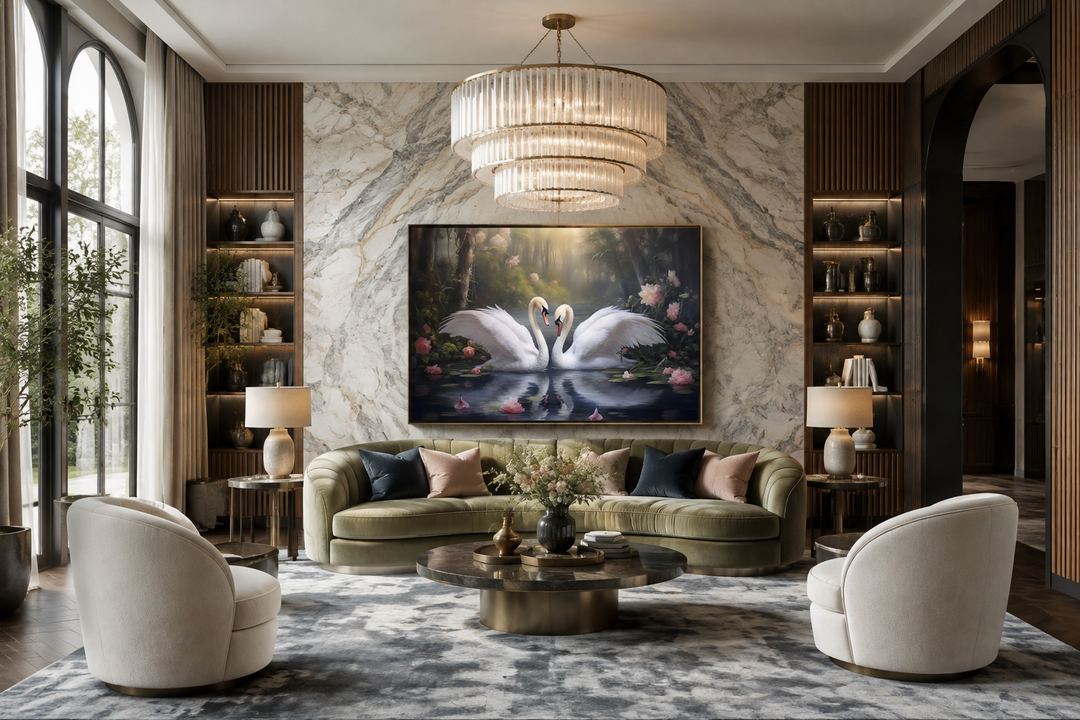 Framed canvas wall art of two white swans on a lake, centered above a sofa in a living room.