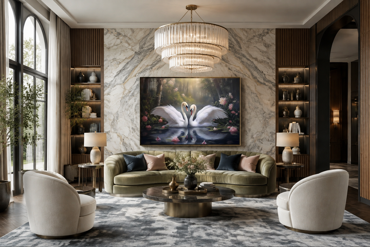 Framed canvas wall art of two white swans on a lake, centered above a sofa in a living room.