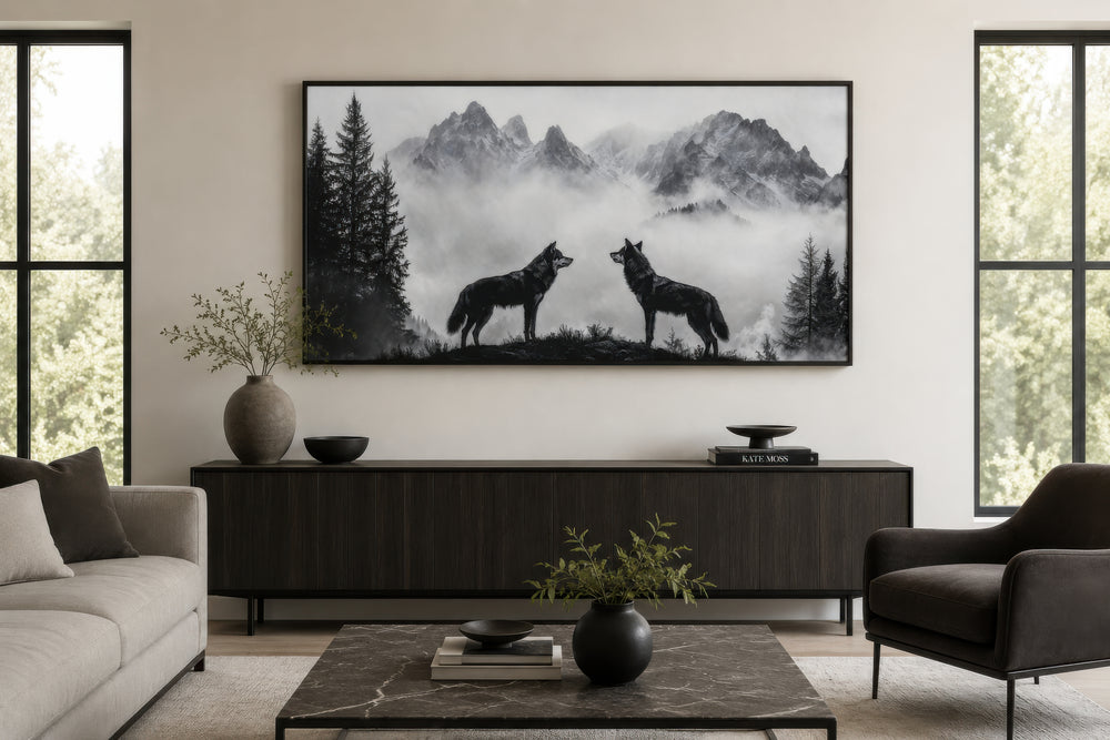 Black and white framed canvas wall art of two wolves on a cliff in foggy mountains above a sideboard.