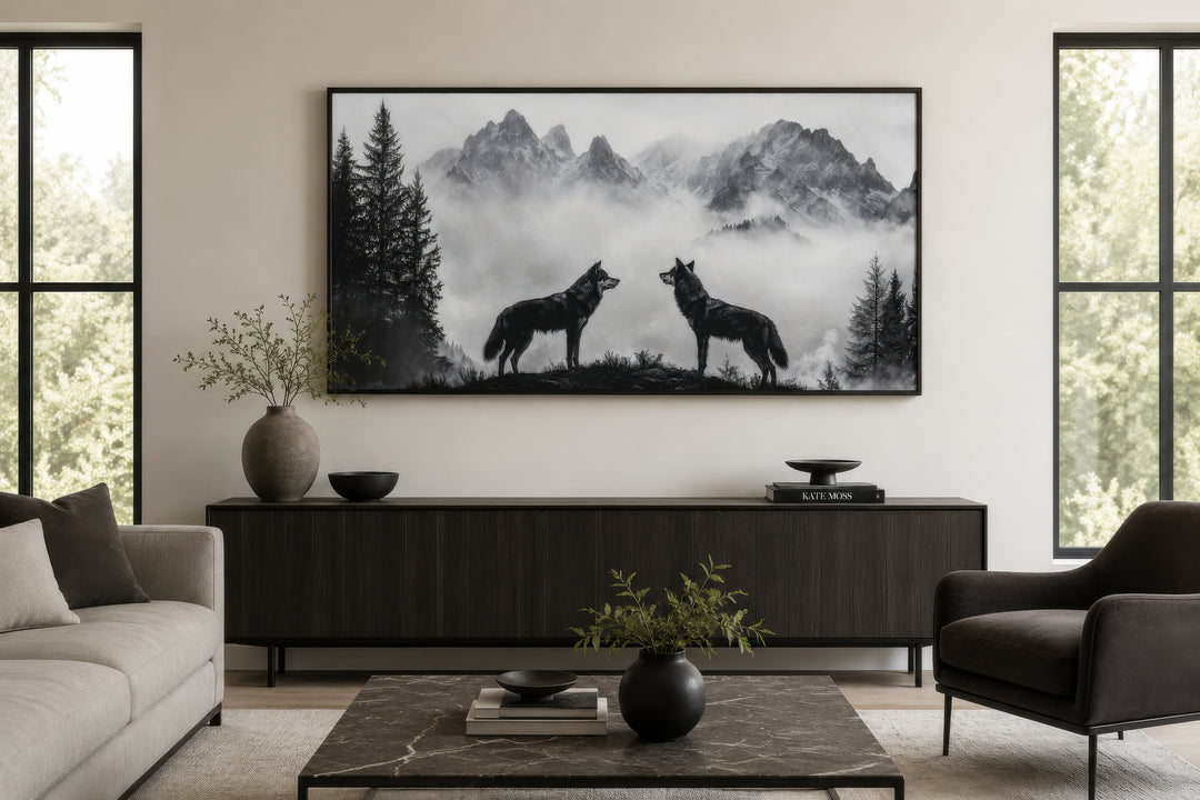 Black and white framed canvas wall art of two wolves on a cliff in foggy mountains above a sideboard.