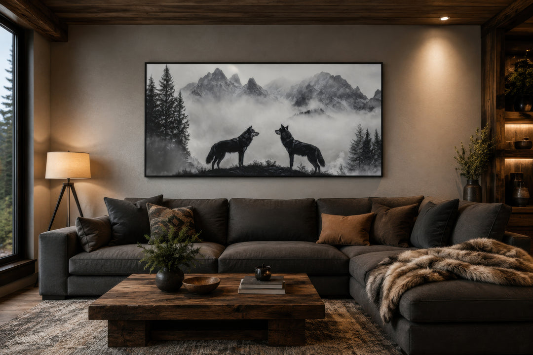 Two wolves on a cliff in foggy mountains black and white framed canvas wall art in a cabin living room.