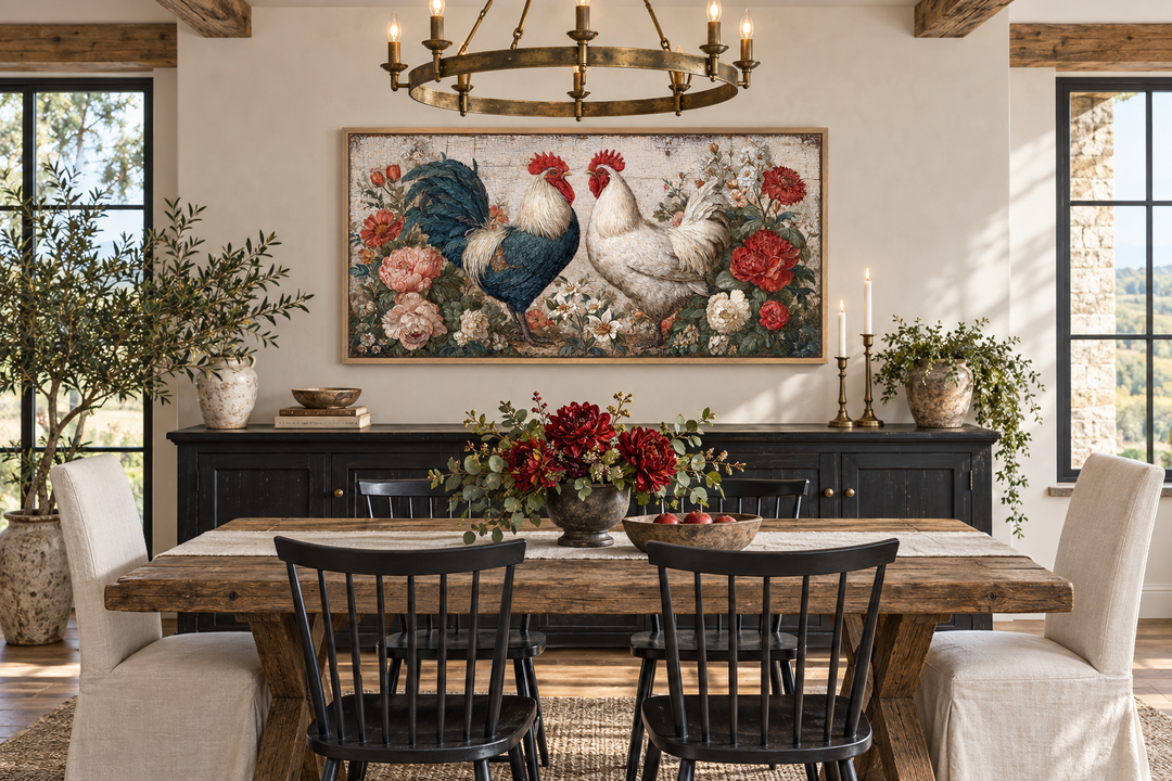 Two roosters rustic farmhouse wall art with vibrant flowers above a wooden dining table.