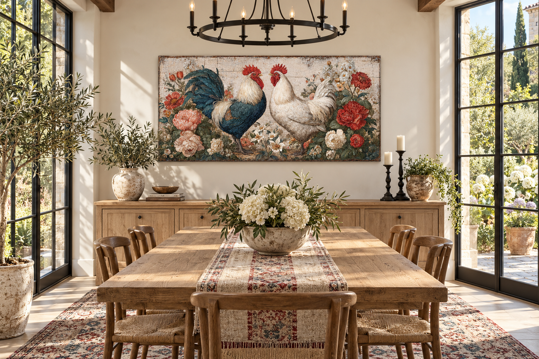 Two roosters rustic farmhouse wall art above a wooden dining table with floral centerpiece.
