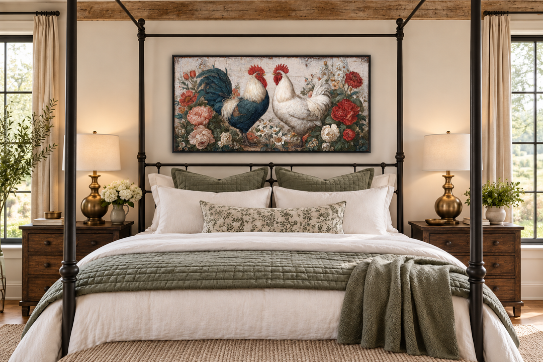 Two roosters rustic farmhouse wall art with floral accents above a bed in a cozy bedroom.