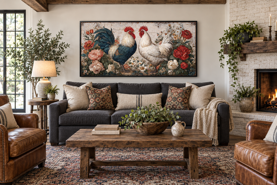 Two roosters rustic farmhouse wall art with floral accents above a sofa in a cozy living room.