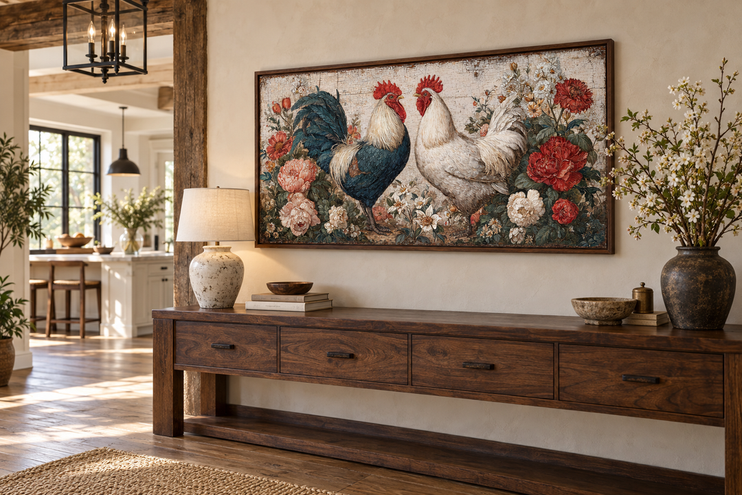 Two roosters rustic farmhouse wall art with floral accents above a wooden console table.